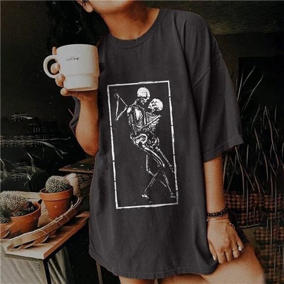 Boho Skeleton Love Graphic Printed Oversized T Shirt Short Sleeve Tee Top - Picture 1 of 7